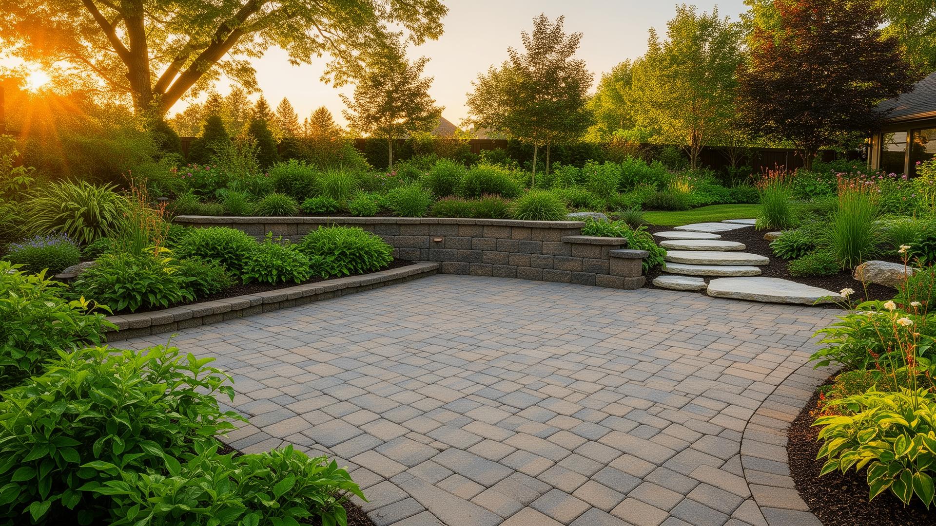 Beautiful landscaped backyard with stone patio and lush gardens
